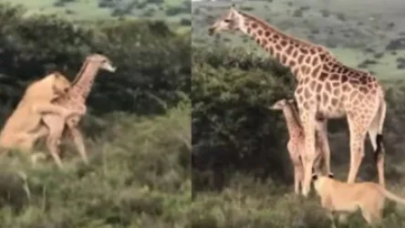 ՏԵՍԱՆՅՈՒԹ. Ինչպես է մայր ընձուղտը առյուծների հարձակումից փրկում իր ձագին