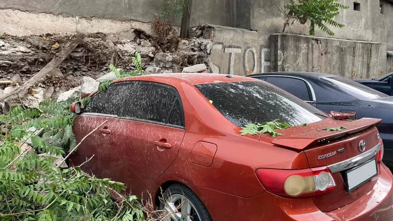 Ուժեղ քամու հետևանքով ծառը շրջվել է ավտոմեքենաների վրա` վնասելով նաև հարակից շինության պատը