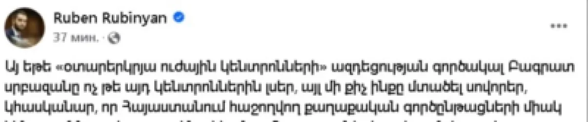Այս դեպքում կհասկանար, որ ՀՀ-ի հենասյունը օլիգարխիան խմբերը չեն․ Ռուբինան