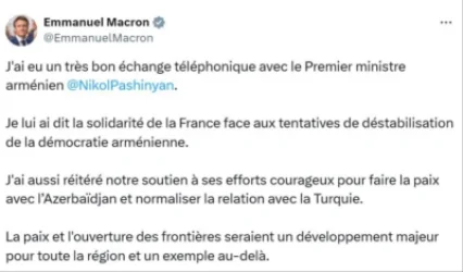 Փաշինյանի հետ հեռախոսարույցից հետո Մակրոնը գրառում է կատարել