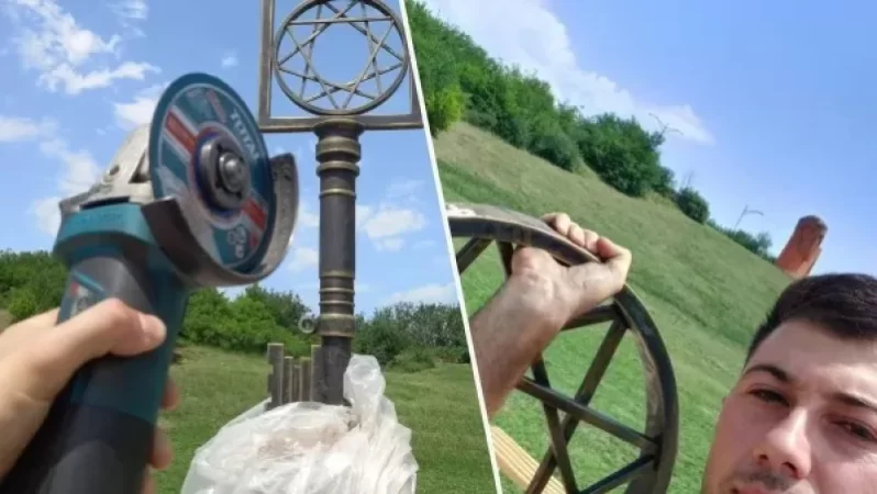 Photo: Boy Dismantles Strange Symbol of Monument on His Own Initiative