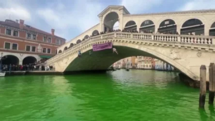 ՏԵՍԱՆՅՈՒԹ․ Իտալացի բնապահպան ակտիվիստները Վենետիկի Մեծ ջրանցքը կանաչ են ներկել