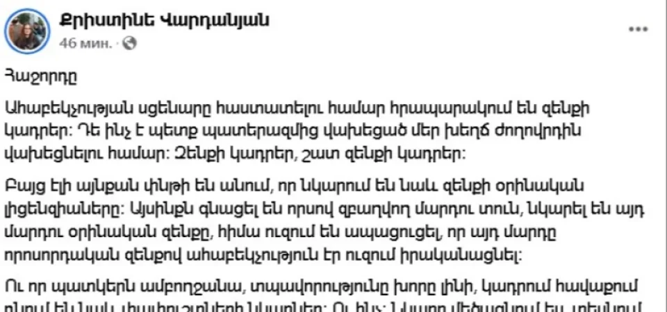 Մեղադրում են որսորդական զենքով ահաբեկչություն անելու մեջ․ Քրիսինե Վարդանյան
