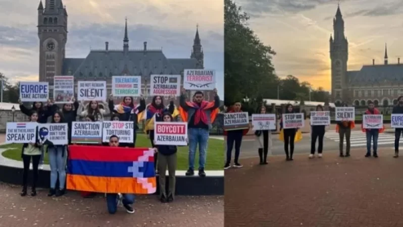 Հայերը ցույց են անում Հաագայի դատարանի դիմաց