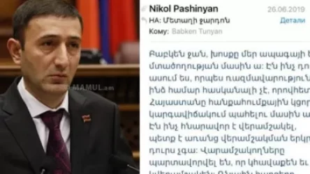 Թունյանը հրապարակել է իր ու Փաշինյանի աշխատանքային նամակը