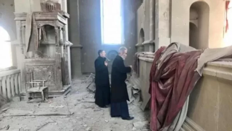 Archbishop Pargev Martirosyan Visits Shushi's Bombed St. Ghazanchetsots Church