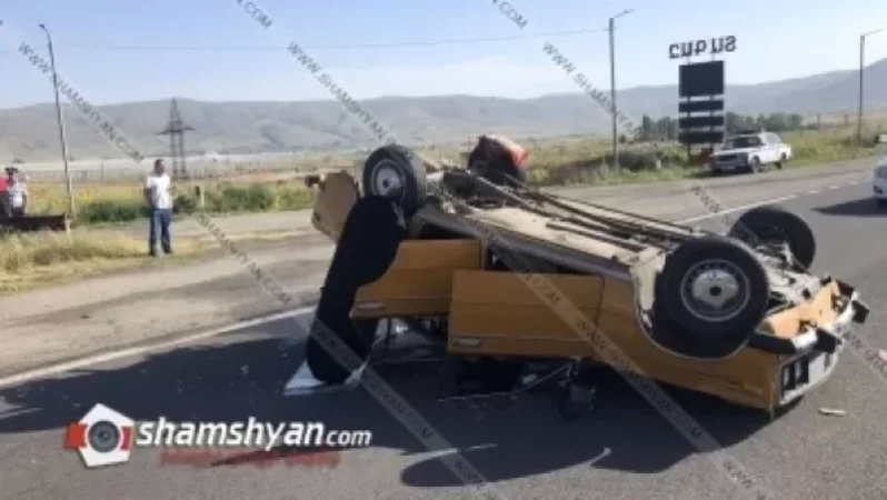 PHOTOS: Major Car Accident in Gegharkunik Region - VAZ-2106 Flipped Over, Injured Reported
