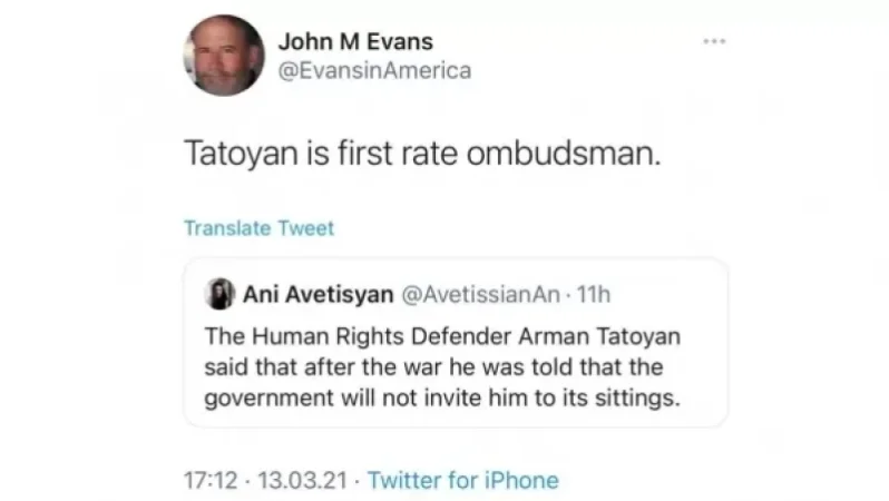 Թաթոյանը առաջնակարգ օմբուդսմեն է. ՀՀ-ում ԱՄՆ նախկին դեսպան