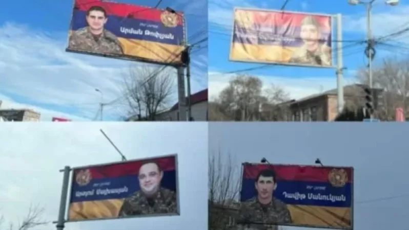 Պատերազմում զոհված տղաների նկարներով պաստառներ՝ Վեդիի փողոցներում