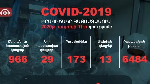 Հայաստանում կորոնավիրուսով վարակման 29 նոր դեպք կա. 1 մահ. հաստատված դեպքերը՝ 966