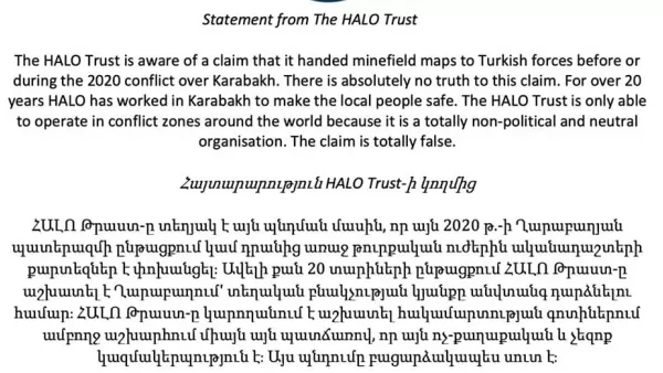 «ՀԱԼՈ թրաստը» հերքում է, որ Թուրքիային է փոխանցել Արցախի ականադաշտերի քարտեզները  