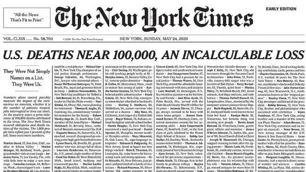 The New York Times-ն իր առաջին էջին այսօր հրապարակել է ԱՄՆ-ում կորոնավիրուսից մահացածների անունները