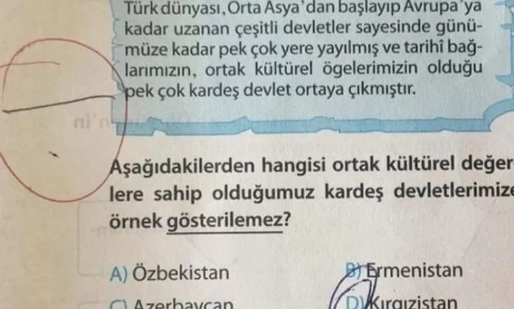 Հայաստանի մասին հարց՝ Թուրքական թեսթային առաջադրանքների գրքում 